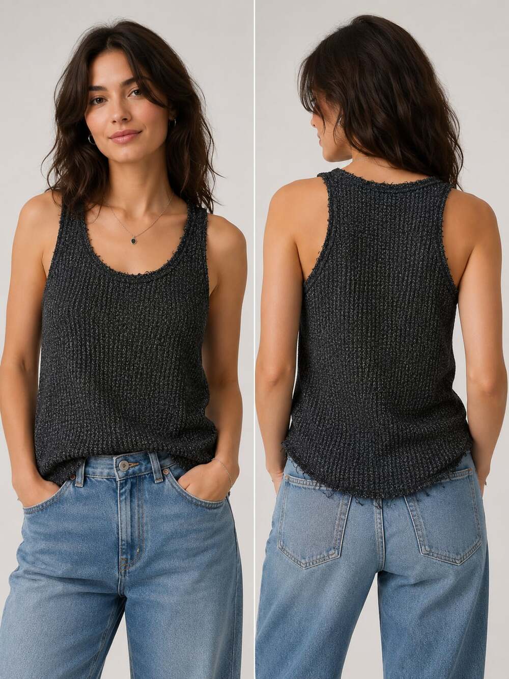 BKE Charcoal Textured Knit Tank Top | Distressed Hem Sleeveless Tank | Medium